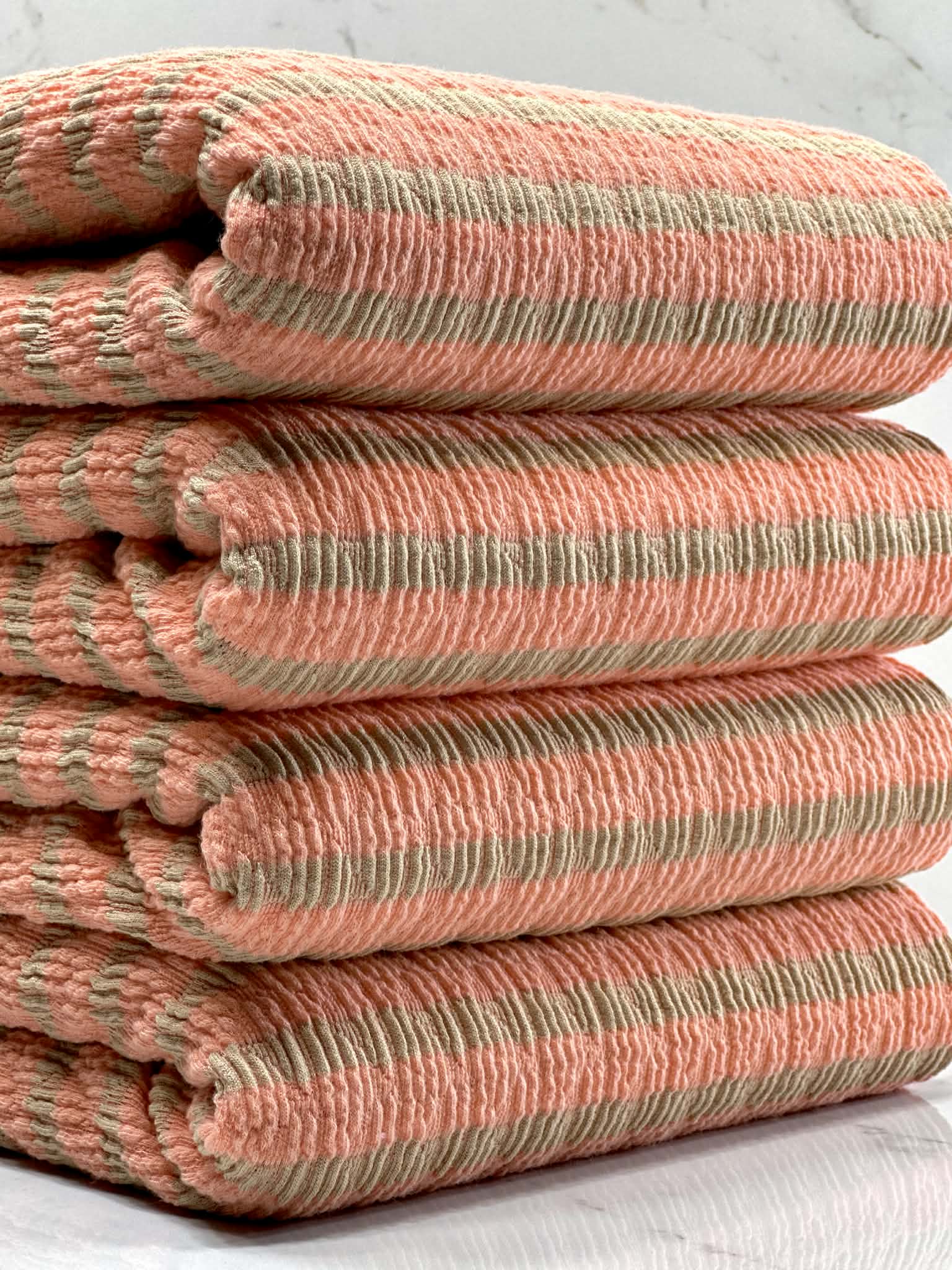 (PUCKERED STRIPE) TAN STRIPES ON SALMON