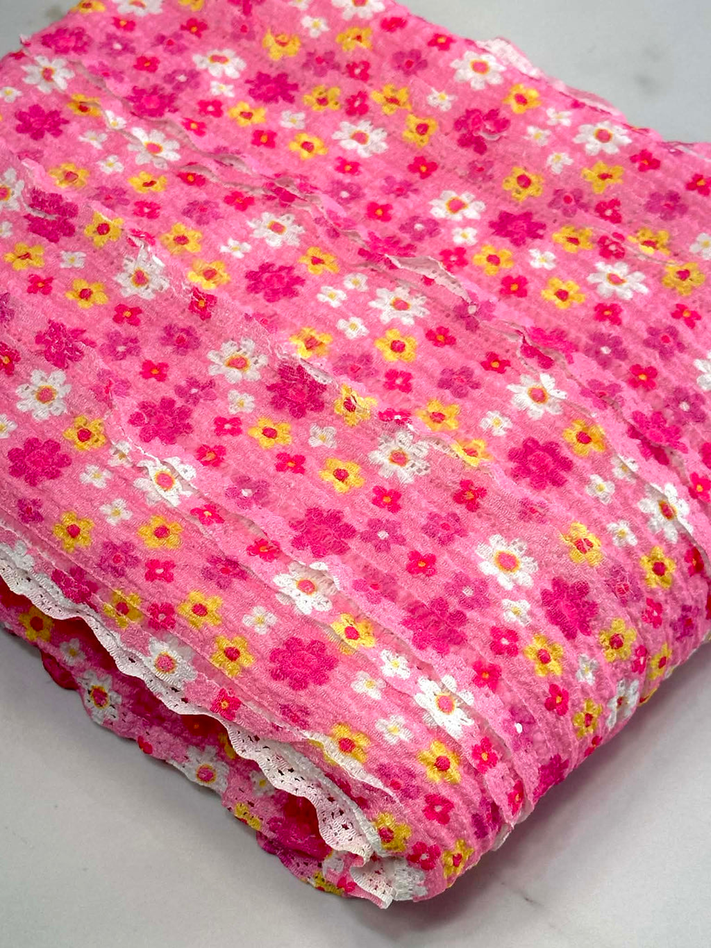 (RUFFLE LACE) YELLOW, PINK AND OFF WHITE TINY FLOWERS ON PINK