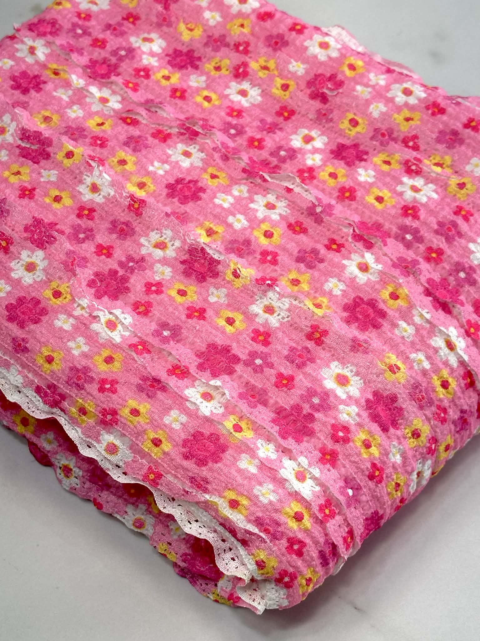 (RUFFLE LACE) YELLOW, PINK AND OFF WHITE TINY FLOWERS ON PINK