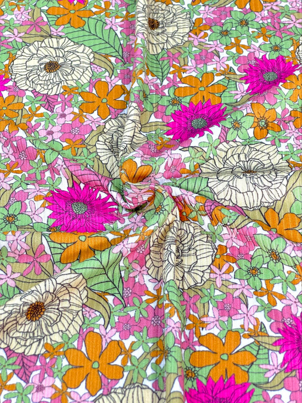 (YUMMY RIB) PINK, YELLOW, GREEN, AND ORANGE FLOWERS ON OFF WHITE