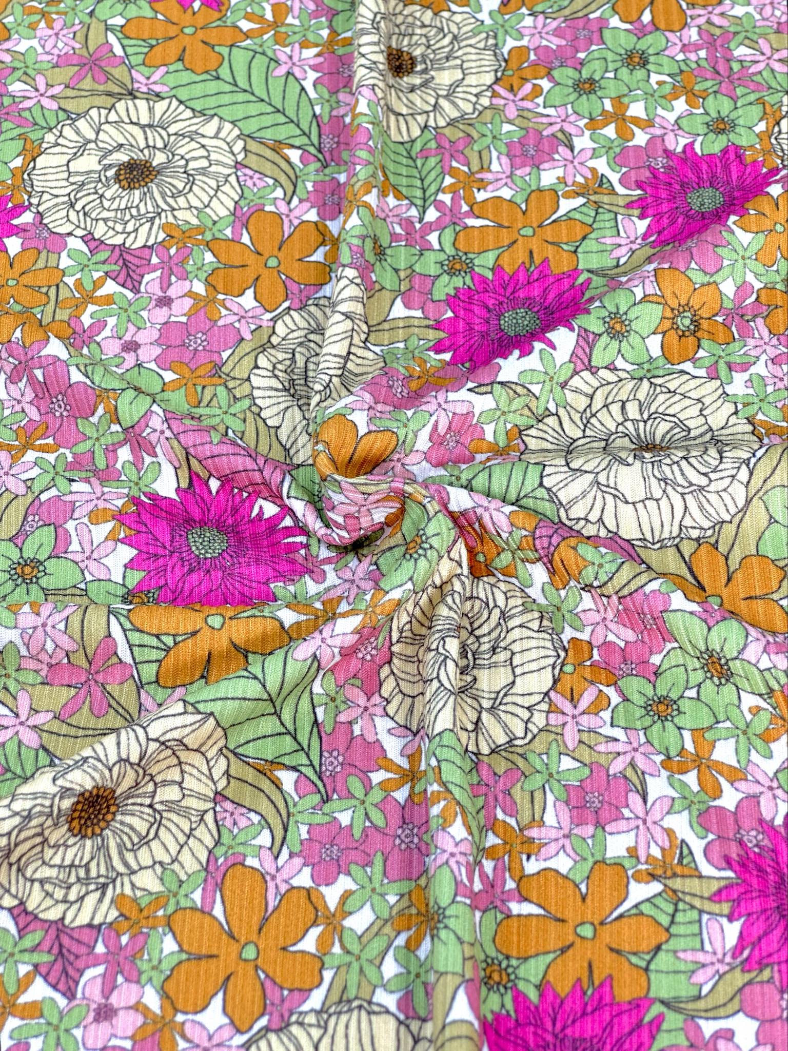 (YUMMY RIB) PINK, YELLOW, GREEN, AND ORANGE FLOWERS ON OFF WHITE