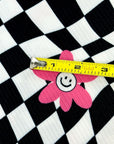 (YUMMY RIB) PINK, WHITE HAPPY FACE FLOWERS ON BLACK CHECKERED WAVE