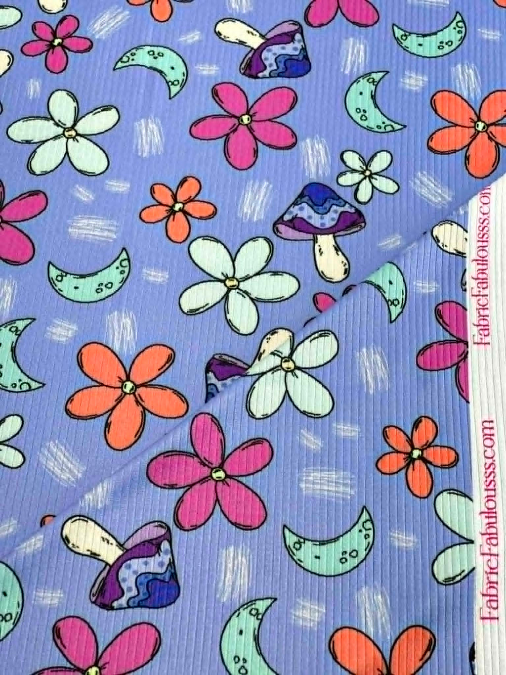 (4X2 YUMMY RIB) MUSHROOMS AND FLOWERS ON BLUE