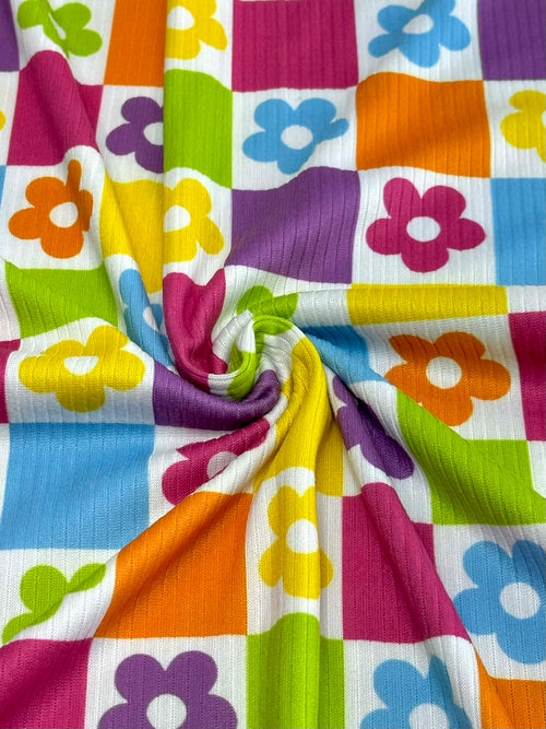 (4X2 YUMMY RIB) MEDIUM BRIGHT COLORFUL FLOWERS AND CHECKERED PATTERN (3)