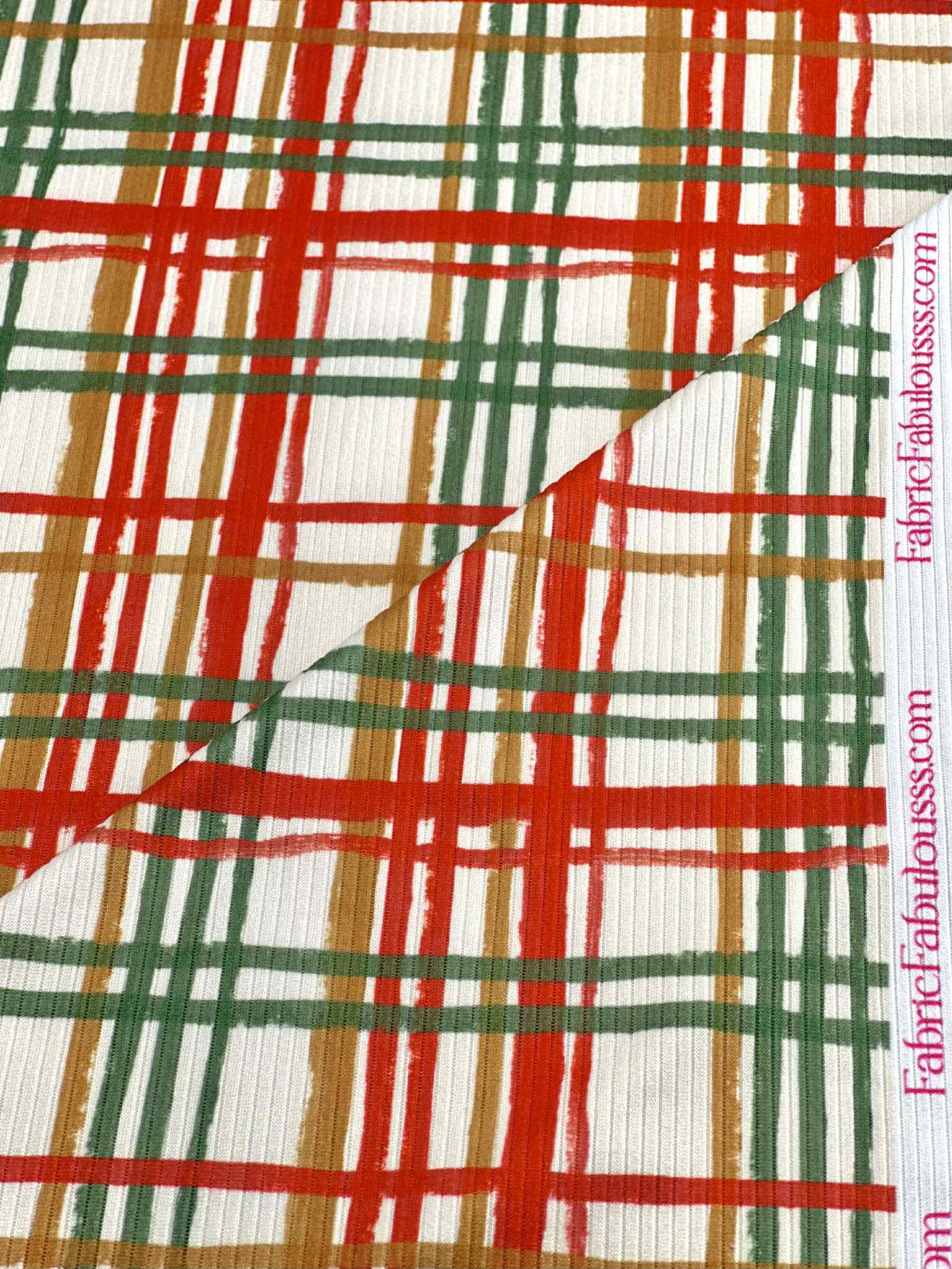 (4X2 RIB) CAMEL, RED, AND GREEN PLAID ON IVORY