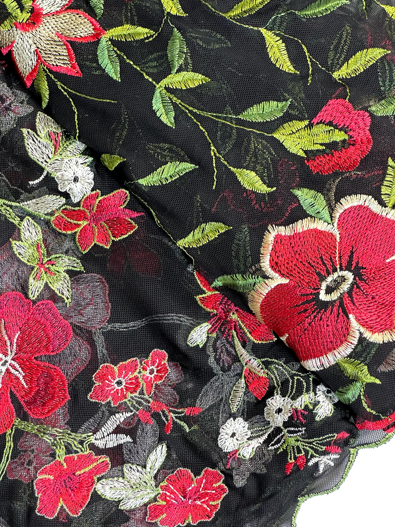 (MESH) RED, GREEN AND WHITE FLORAL ON BLACK