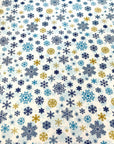 (DBP) BLUE AND GOLD SNOWFLAKES ON OFF WHITE