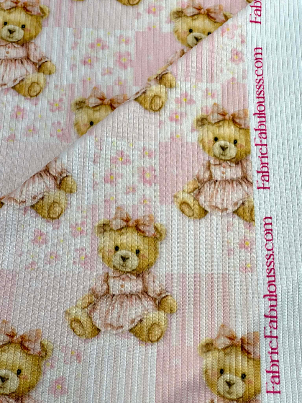 (4X2 YUMMY RIB) TEDDY BEARS, BABY PINK FLOWERS AND STRIPES PATTERN