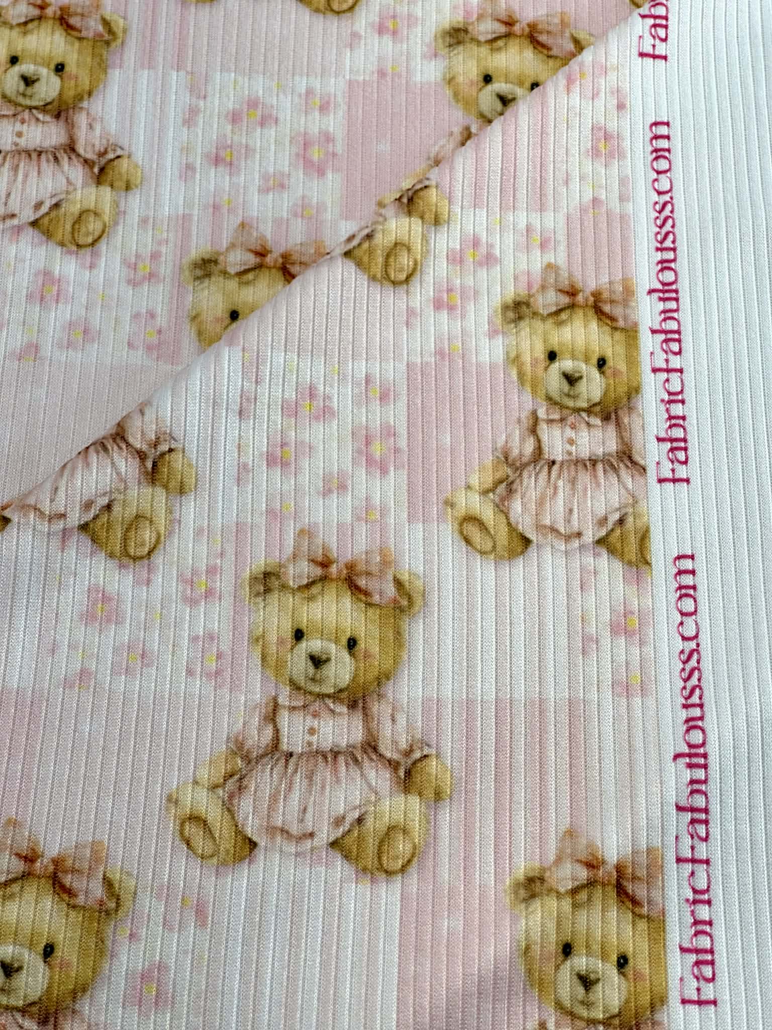 (4X2 YUMMY RIB) TEDDY BEARS, BABY PINK FLOWERS AND STRIPES PATTERN