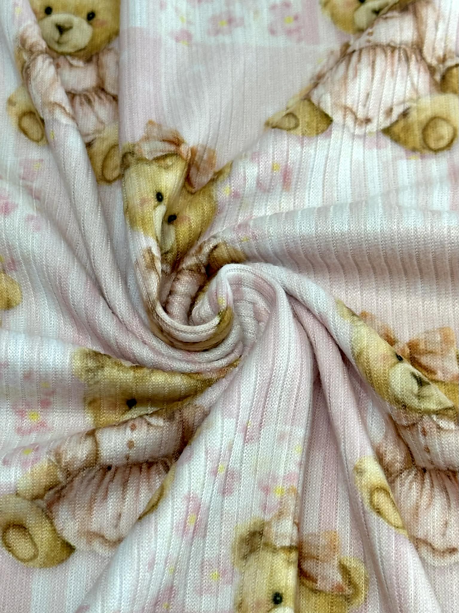 (4X2 YUMMY RIB) TEDDY BEARS, BABY PINK FLOWERS AND STRIPES PATTERN