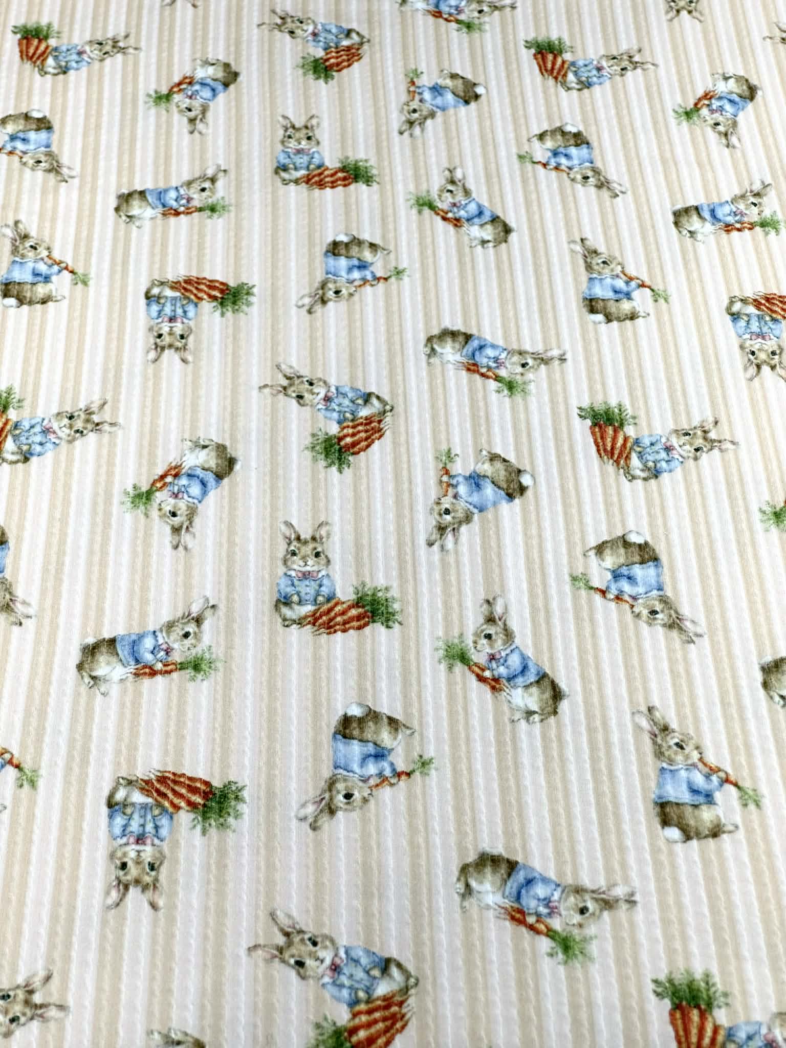 (URBAN RIB) MEDIUM BUNNIES WITH CARROTS ON TAN STRIPES