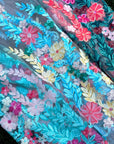 (TULLE) COLORFUL EMBROIDERED FLOWERS ON AQUA