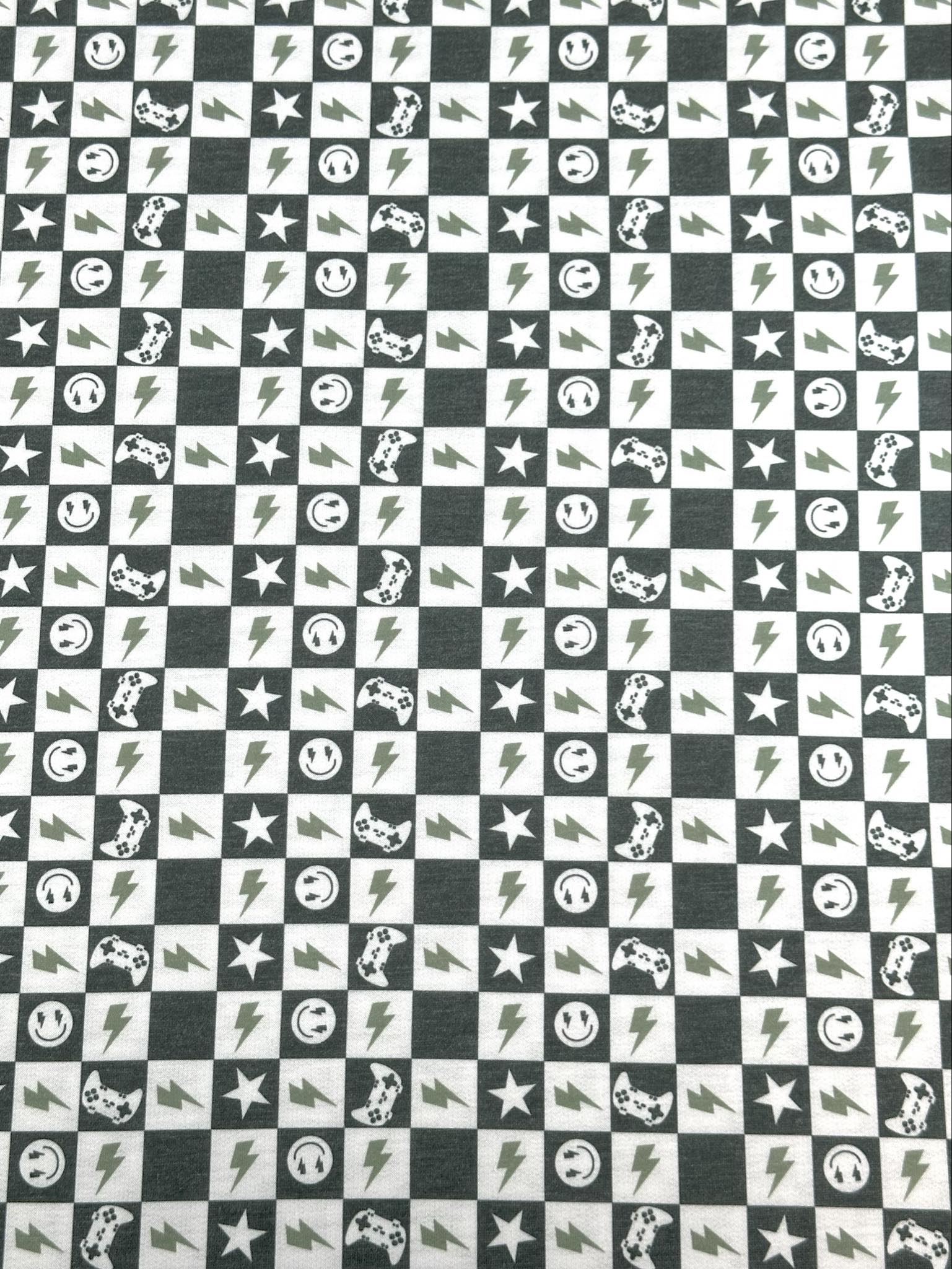 (FRENCH TERRY) DARK GREEN GAMER AND HAPPY FACES CHECKERED PRINT