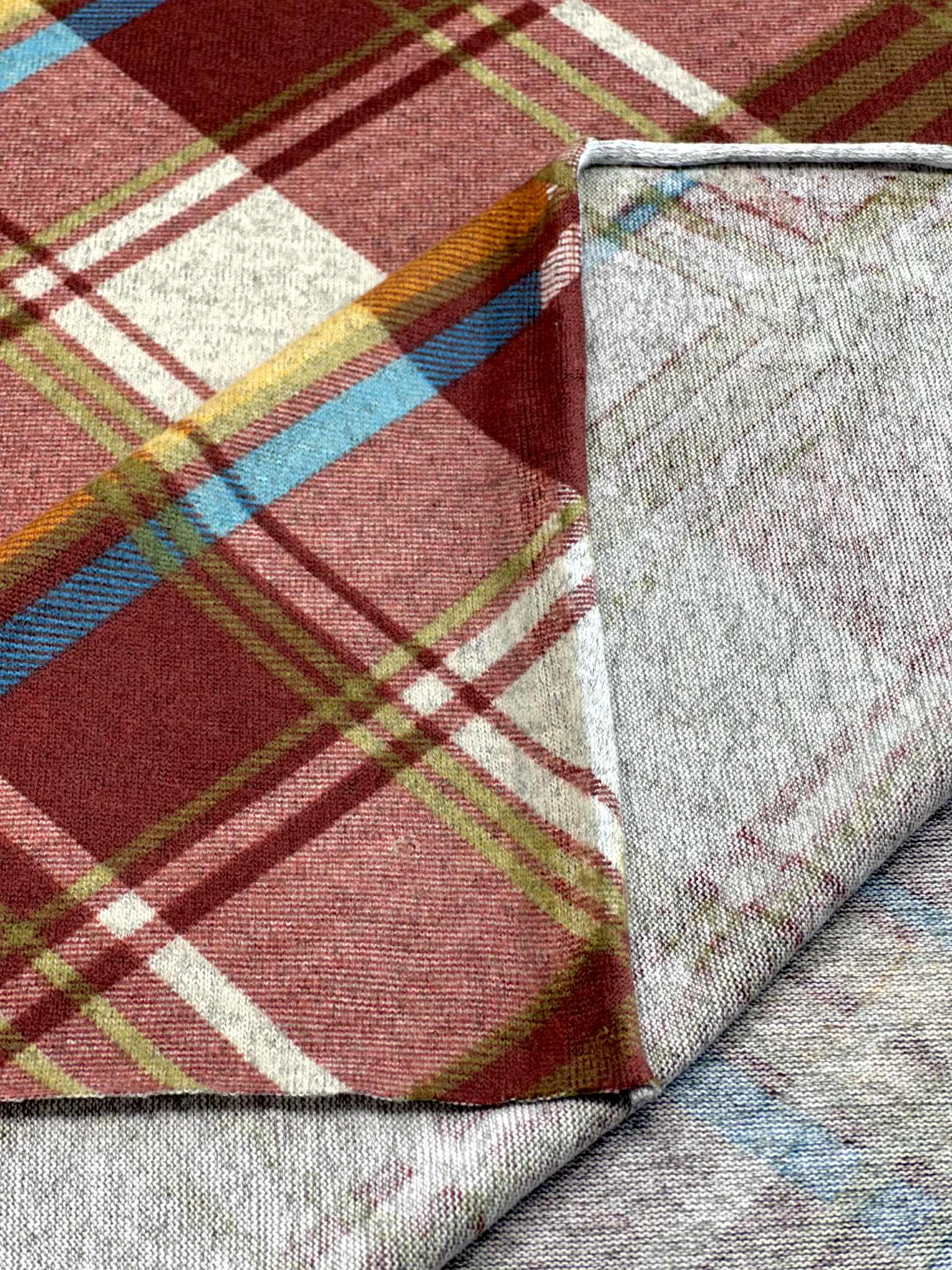 (SWEATER KNIT) BURGUNDY, MUSTARD, AND BLUE DIAGONAL PLAID