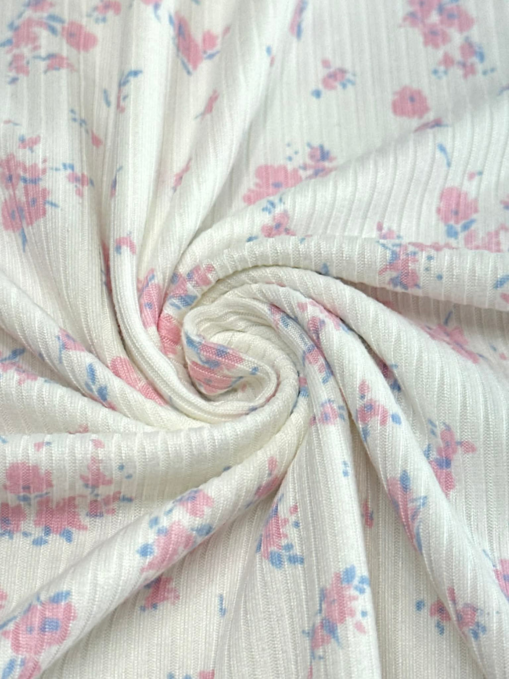 (4X2 YUMMY RIB) PINK AND BLUE TINY FLOWERS ON OFF WHITE