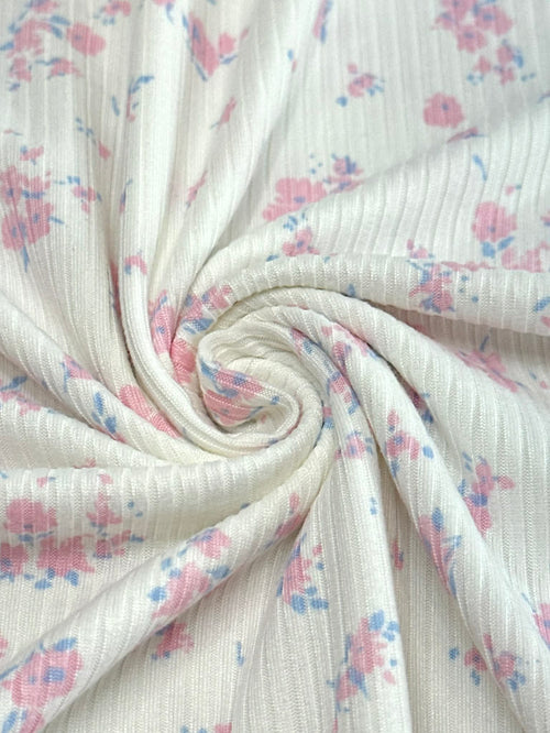 (4X2 YUMMY RIB) PINK AND BLUE TINY FLOWERS ON OFF WHITE