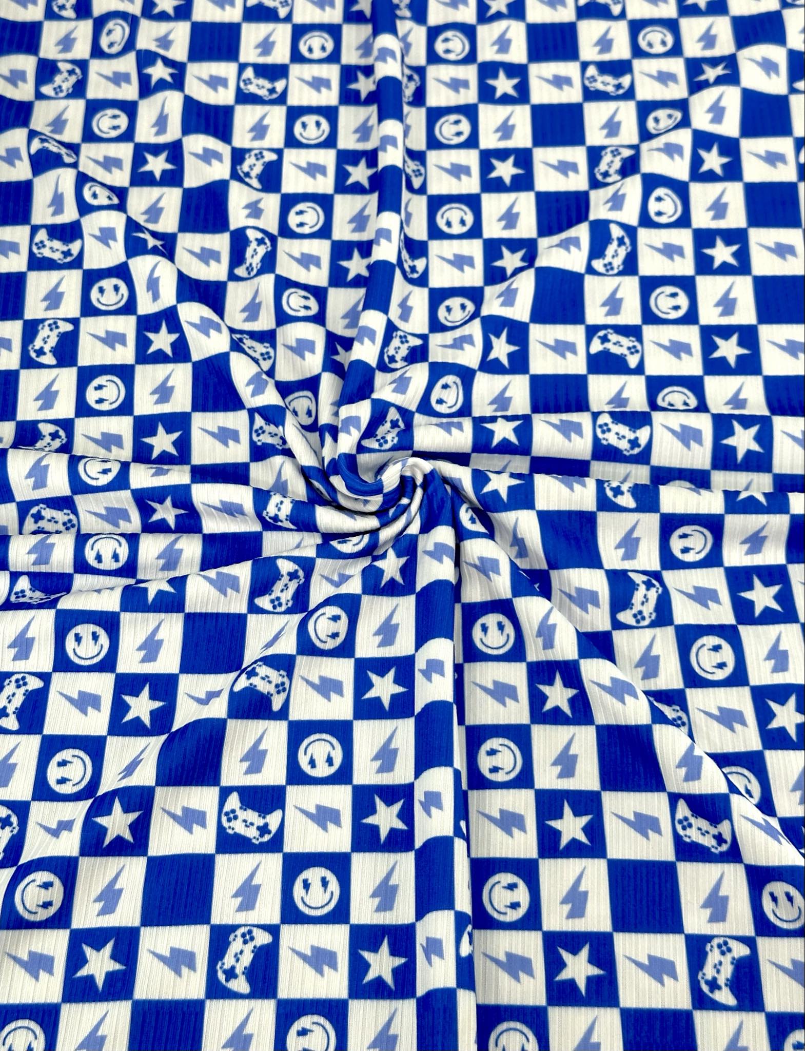 (YUMMY RIB) ROYAL BLUE GAMER AND HAPPY FACES CHECKERED PRINT