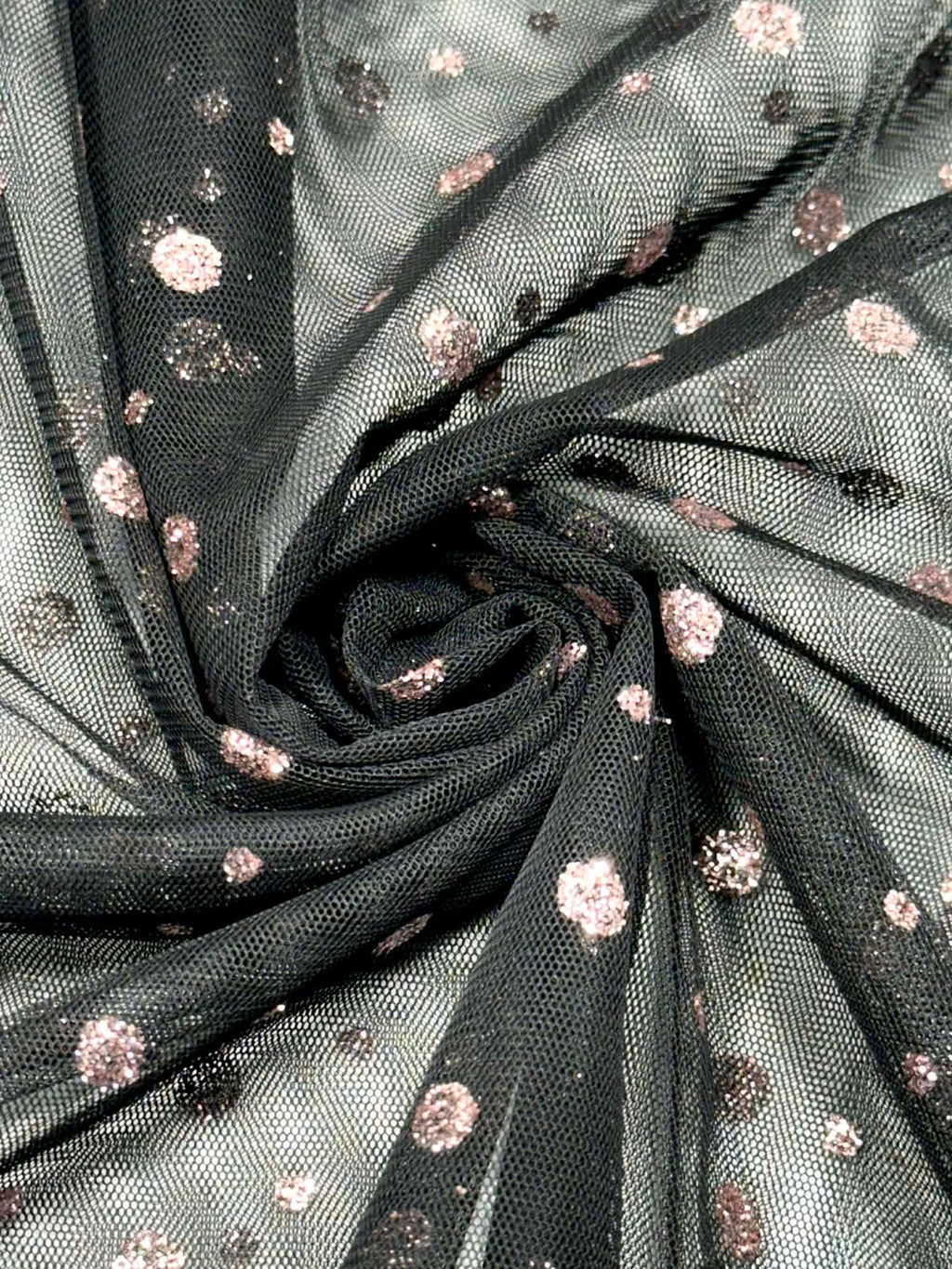 (MESH) PINK GLITTER POLKA DOTS ON BLACK