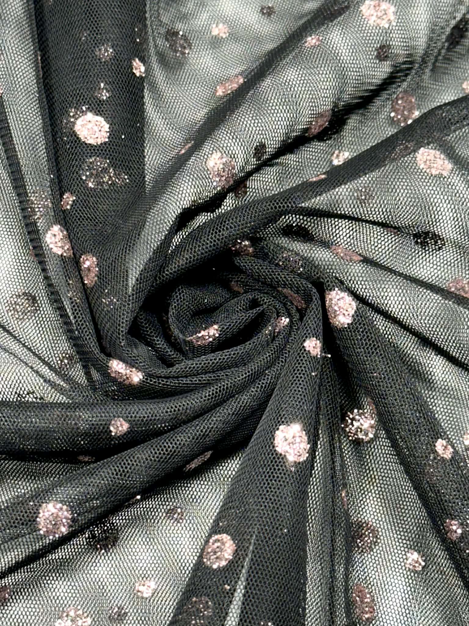 (MESH) PINK GLITTER POLKA DOTS ON BLACK
