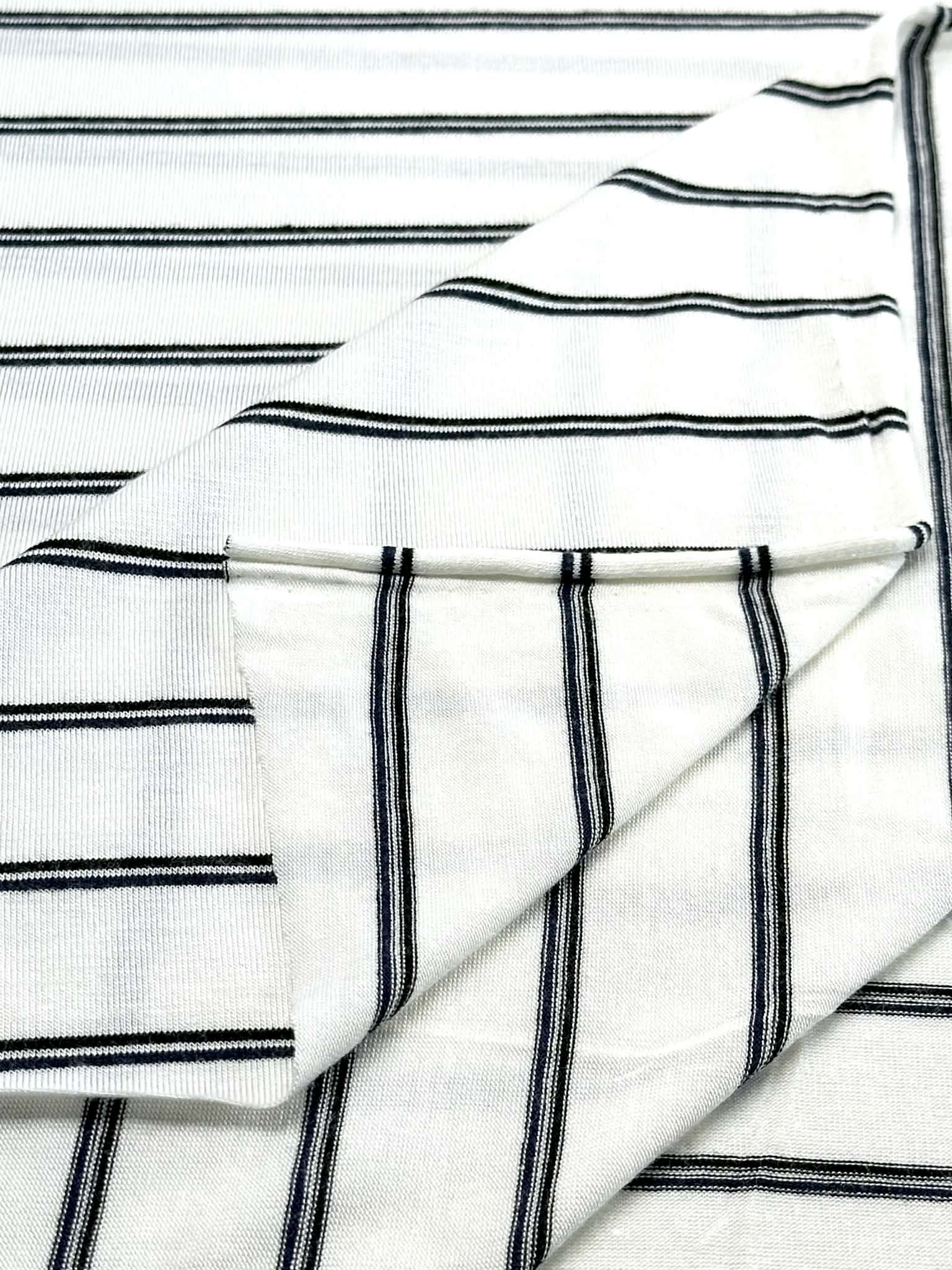 (RAYON MODAL) BLACK AND NAVY STRIPES ON OFF WHITE