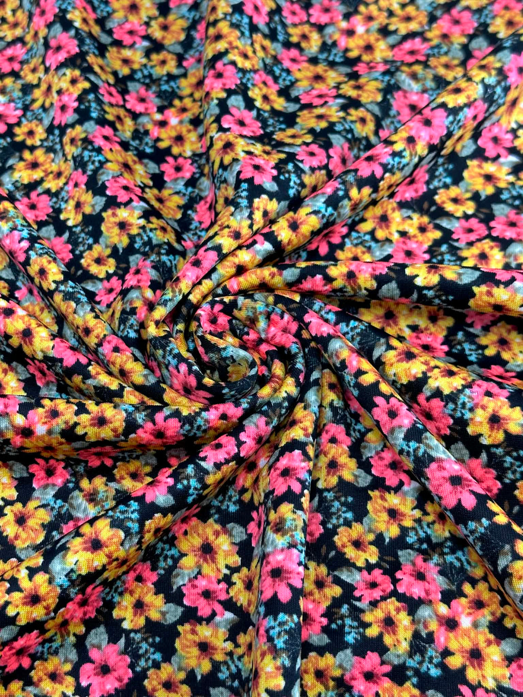 (TECHNO CREPE) BRIGHT PINK AND MUSTARD FLOWERS ON BLACK