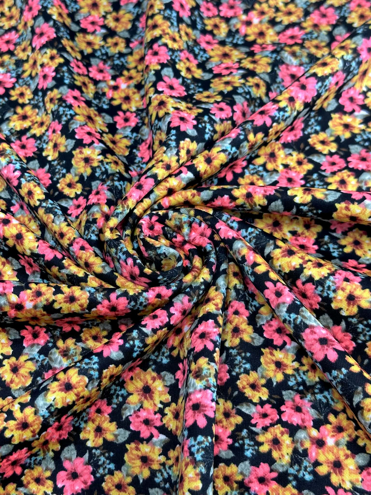 (TECHNO CREPE) BRIGHT PINK AND MUSTARD FLOWERS ON BLACK