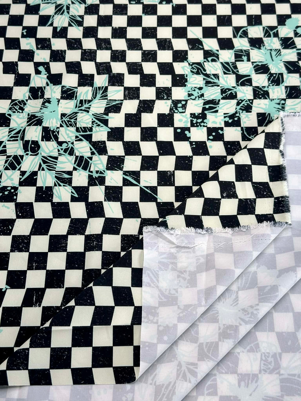 (SWIM) AQUA FLORAL ON BLACK AND VINTAGE IVORY CHECKERED