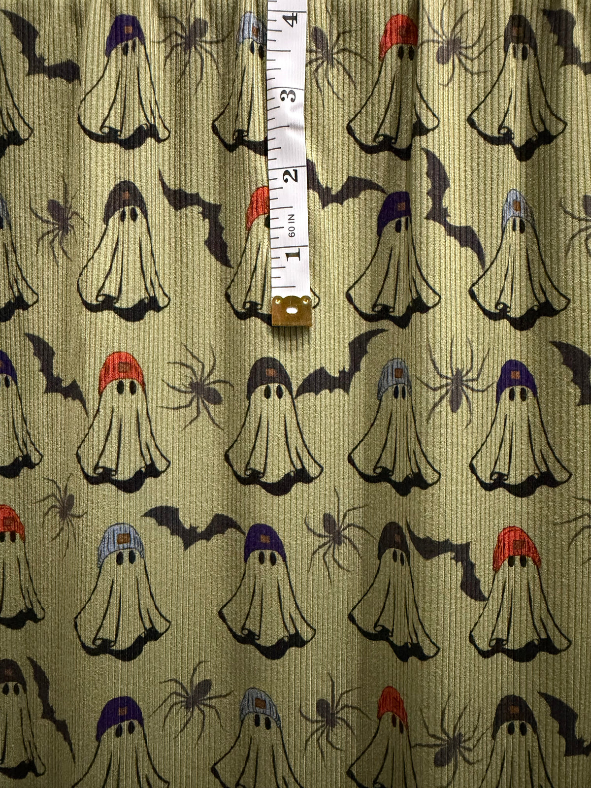 (2X2 YUMMY RIB) GHOSTS IN BEANIES, SPIDERS AND BATS ON OLIVE GREEN