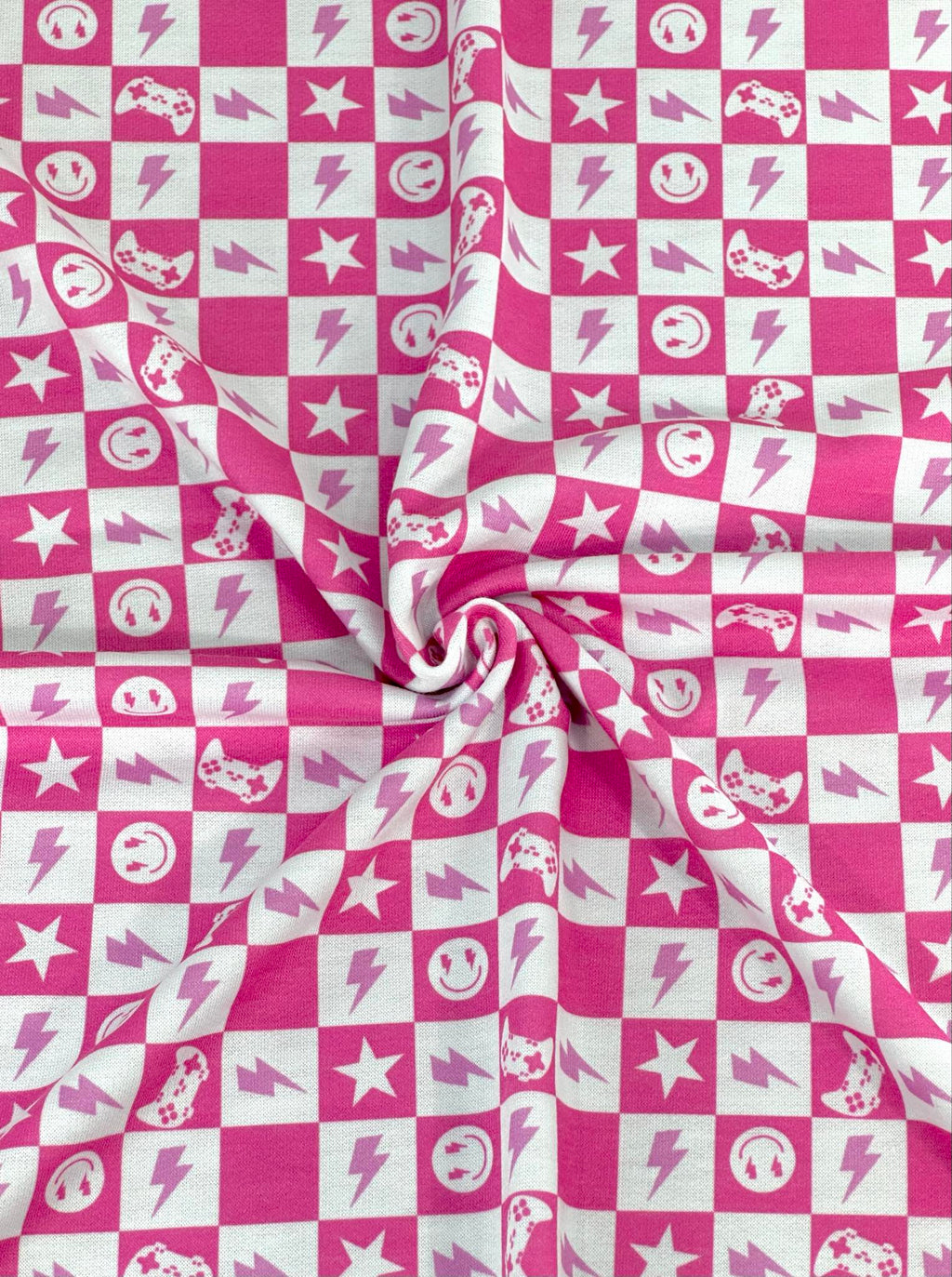 (FRENCH TERRY) PINK GAMER AND HAPPY FACES CHECKERED PRINT (1)