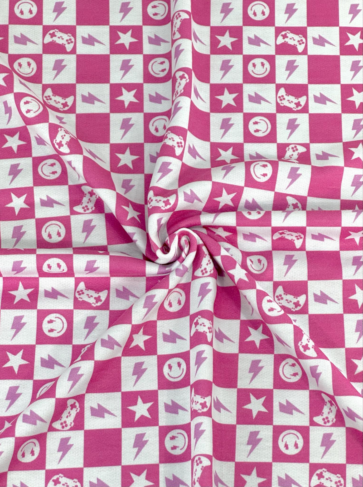(FRENCH TERRY) PINK GAMER AND HAPPY FACES CHECKERED PRINT (1)