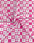 (FRENCH TERRY) PINK GAMER AND HAPPY FACES CHECKERED PRINT