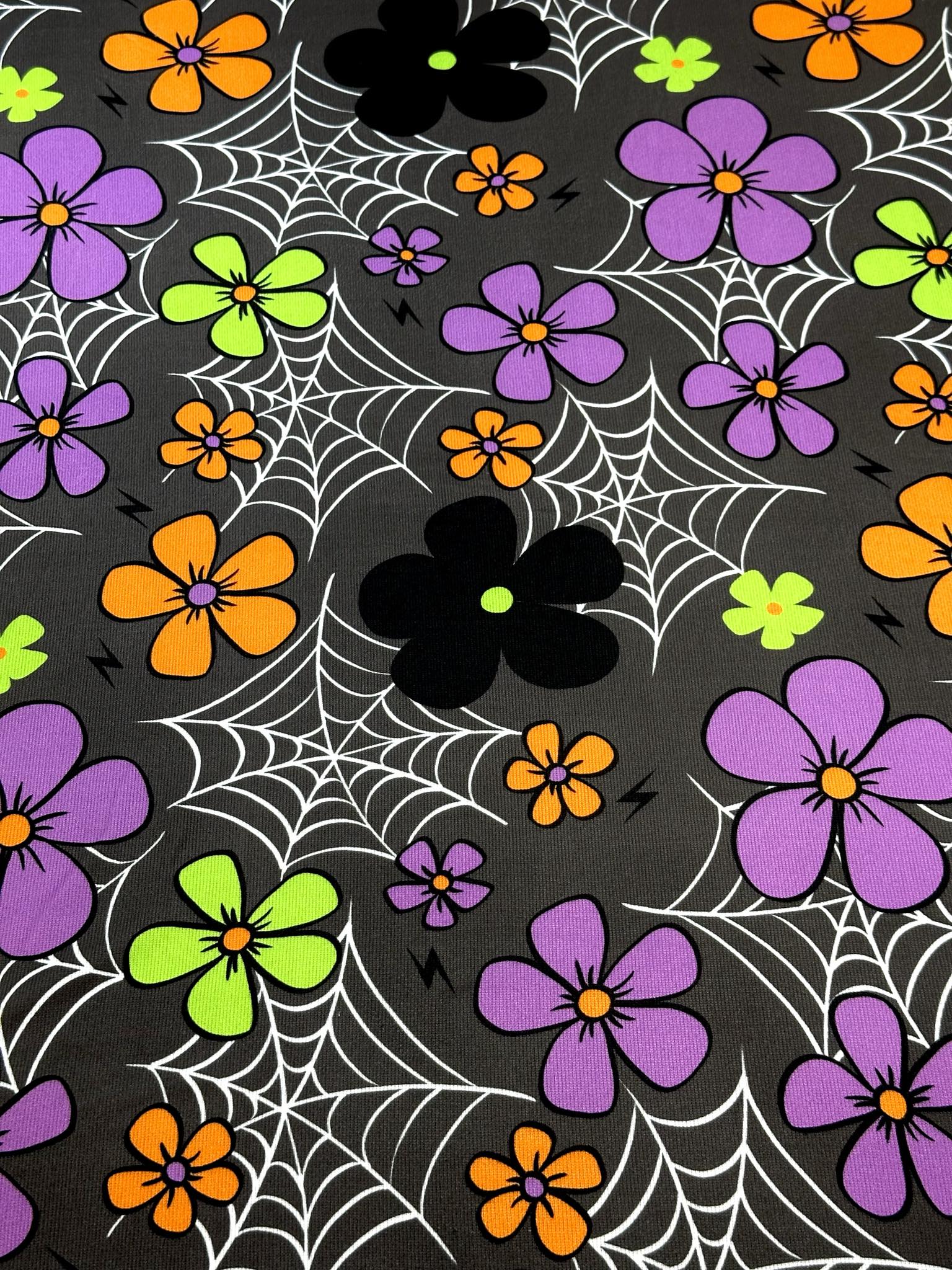 (SWEATER KNIT/ OAKLEY) COLORFUL FLOWERS AND SPIDERWEB ON CHARCOAL