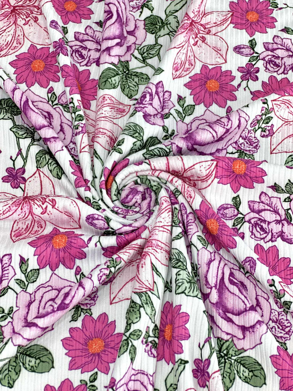(4X2 RIB) MAGENTA AND PINK HATTIE FLOWERS ON OFF WHITE