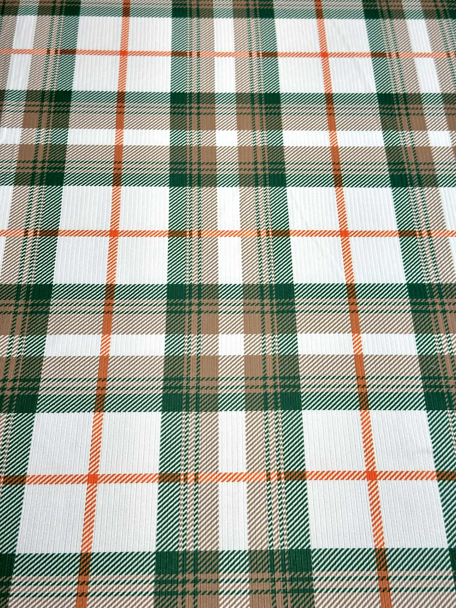 (4X2 RIB) EMERALD, ORANGE, TAN AND OFF WHITE PLAID