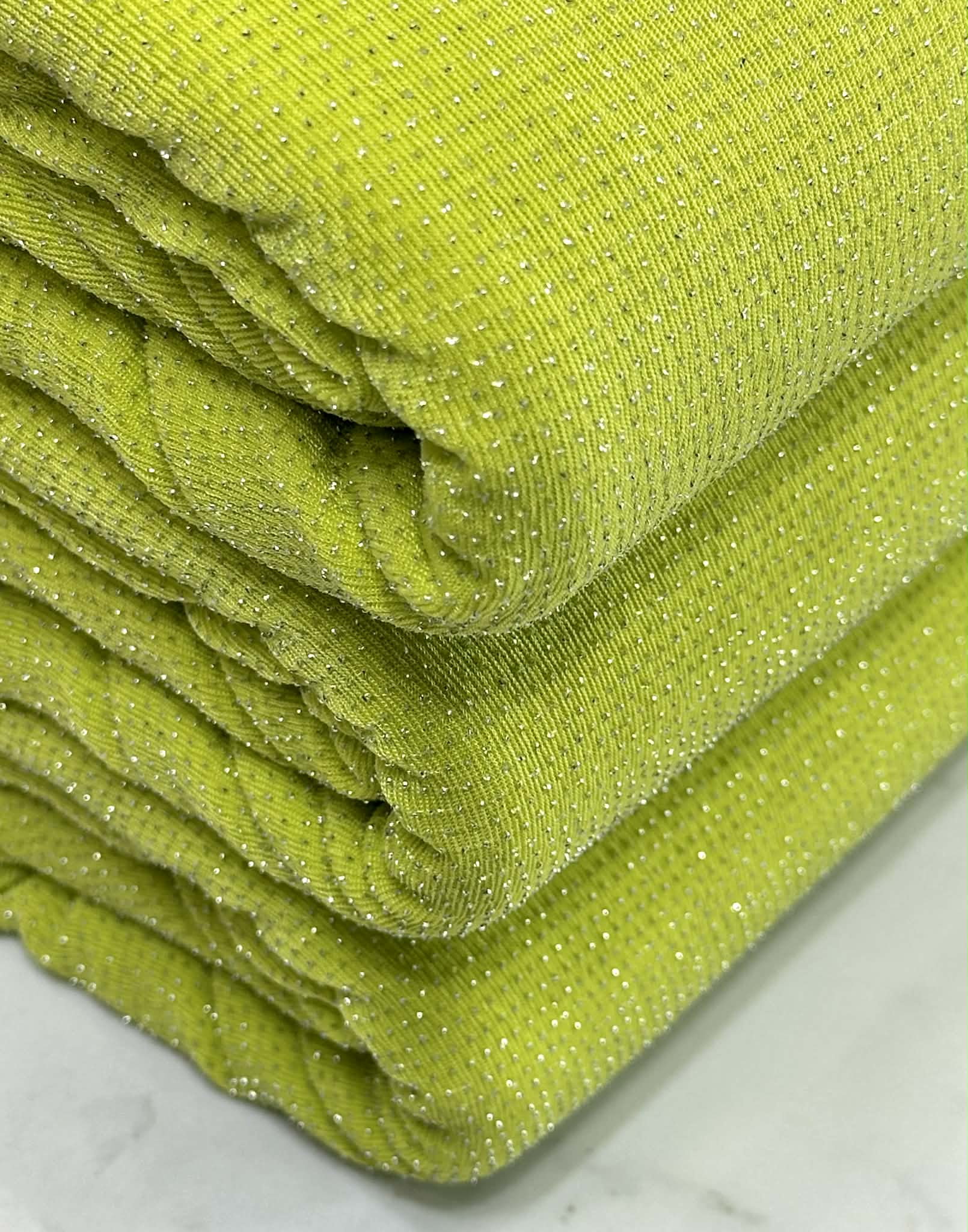 (LUREX NYLON SPANDEX) METALLIC POLKA DOT SILVER SHIMMER ON LIME
