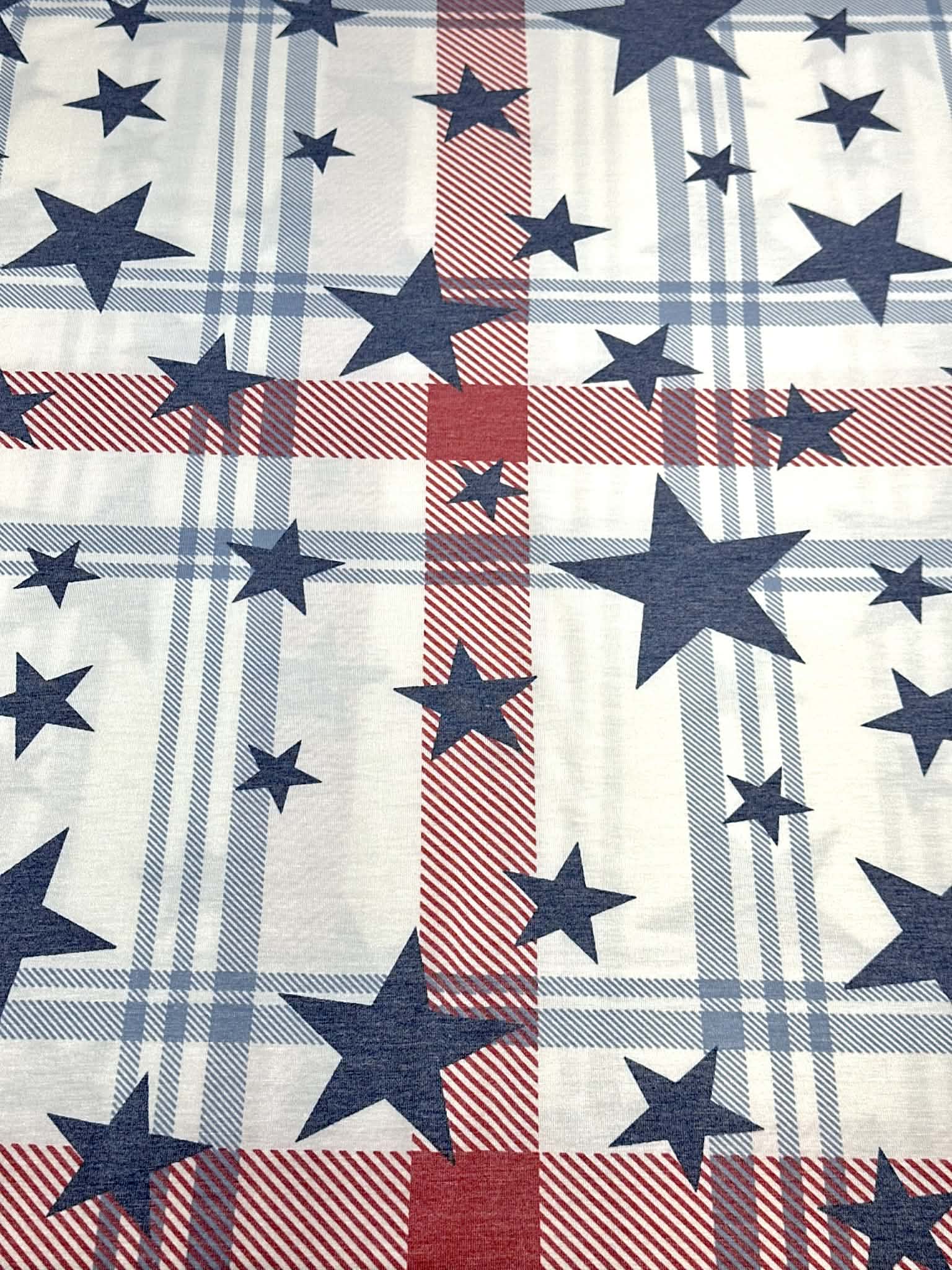 (KNIT) NAVY STARS ON RED, BLUE AND OFF WHITE PLAID