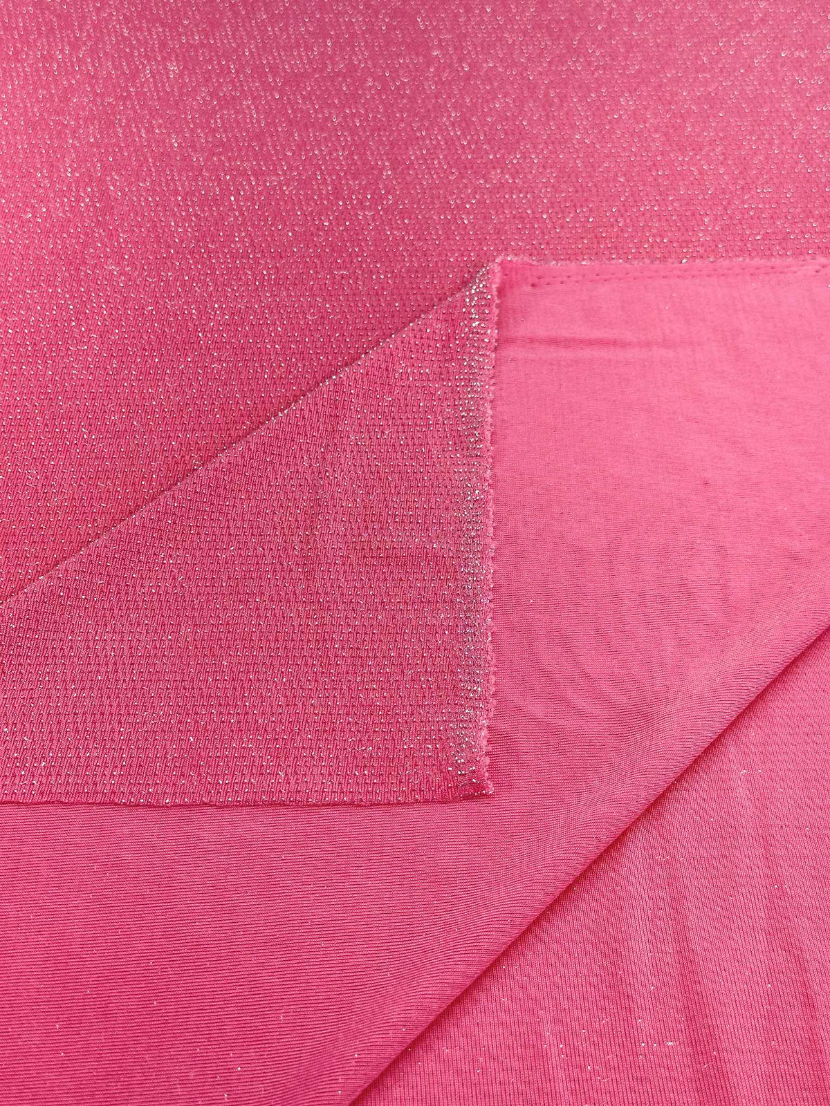 (LUREX NYLON SPANDEX) METALLIC POLKA DOT SILVER SHIMMER ON PINK (1)