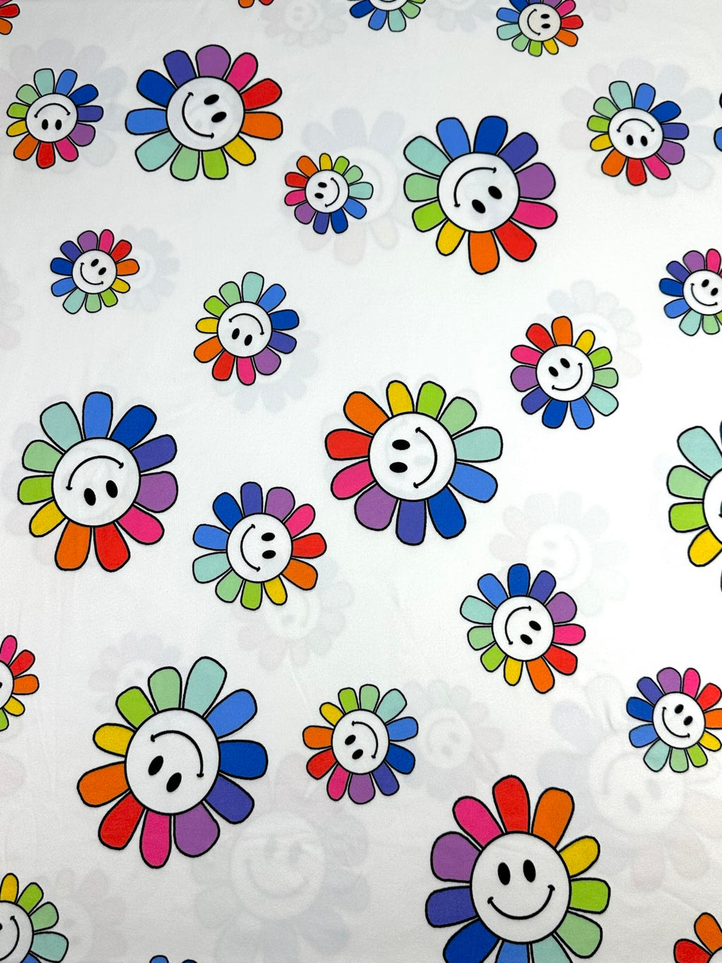 (DBP) HAPPY FACE RAINBOW DAISY FLOWERS ON OFF WHITE(1)