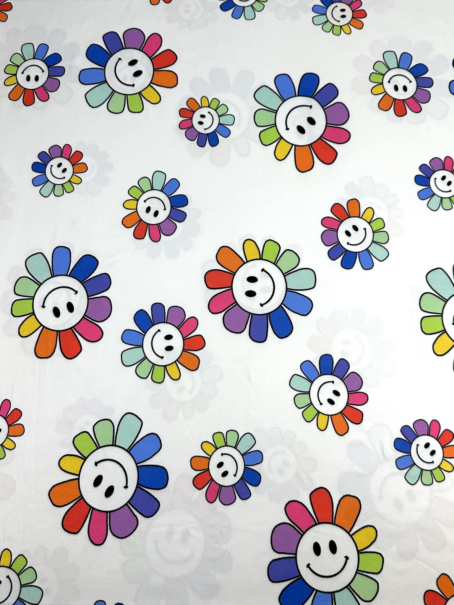 (DBP) HAPPY FACE RAINBOW DAISY FLOWERS ON OFF WHITE