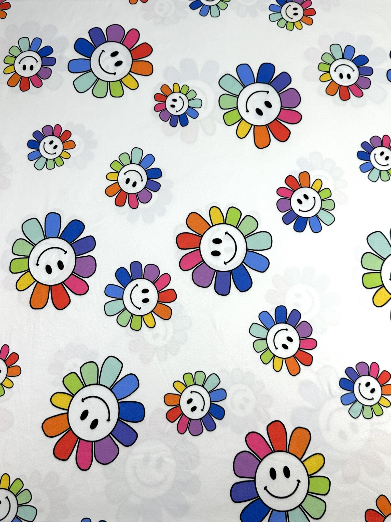 (DBP) HAPPY FACE RAINBOW DAISY FLOWERS ON OFF WHITE(1)