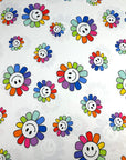 (DBP) HAPPY FACE RAINBOW DAISY FLOWERS ON OFF WHITE