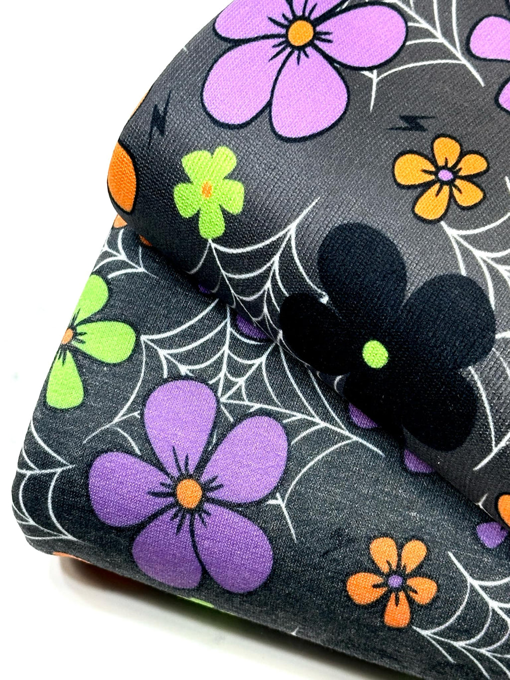 (FRENCH TERRY) SMALL COLORFUL FLOWERS & SPIDERWEBS ON CHARCOAL