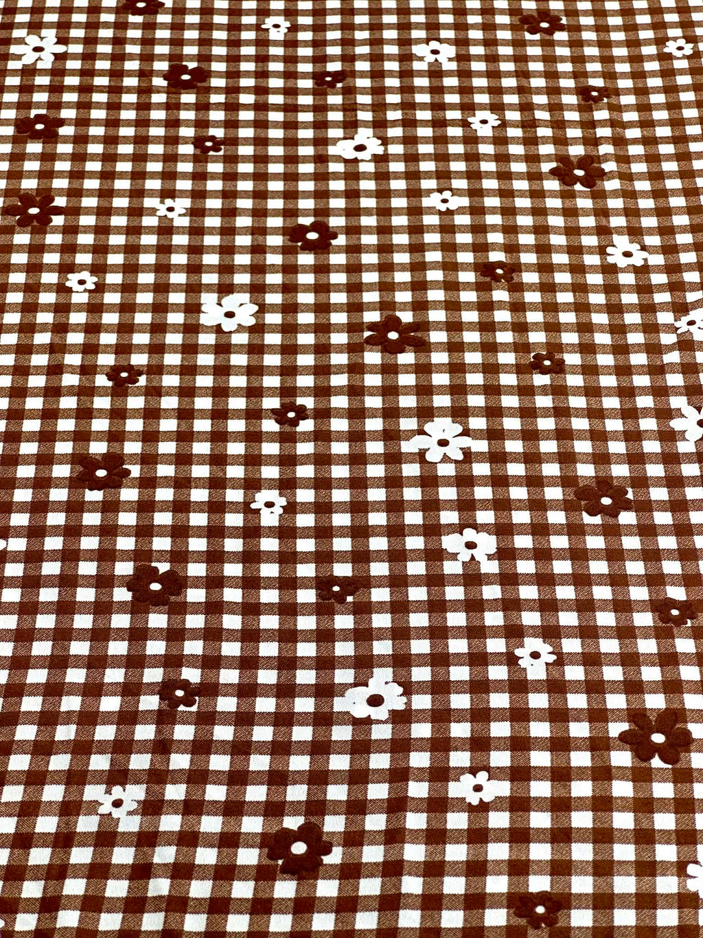 (WOVEN) BROWN AND OFF WHITE GINGHAM WITH FLOWERS