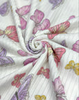 (YUMMY RIB) PINK, PURPLE, AND YELLOW BUTTERFLIES ON OFF WHITE