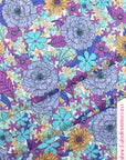 (THERMAL) PURPLE, AQUA BLUE AND MUSTARD YELLOW FLOWERS ON OFF WHITE