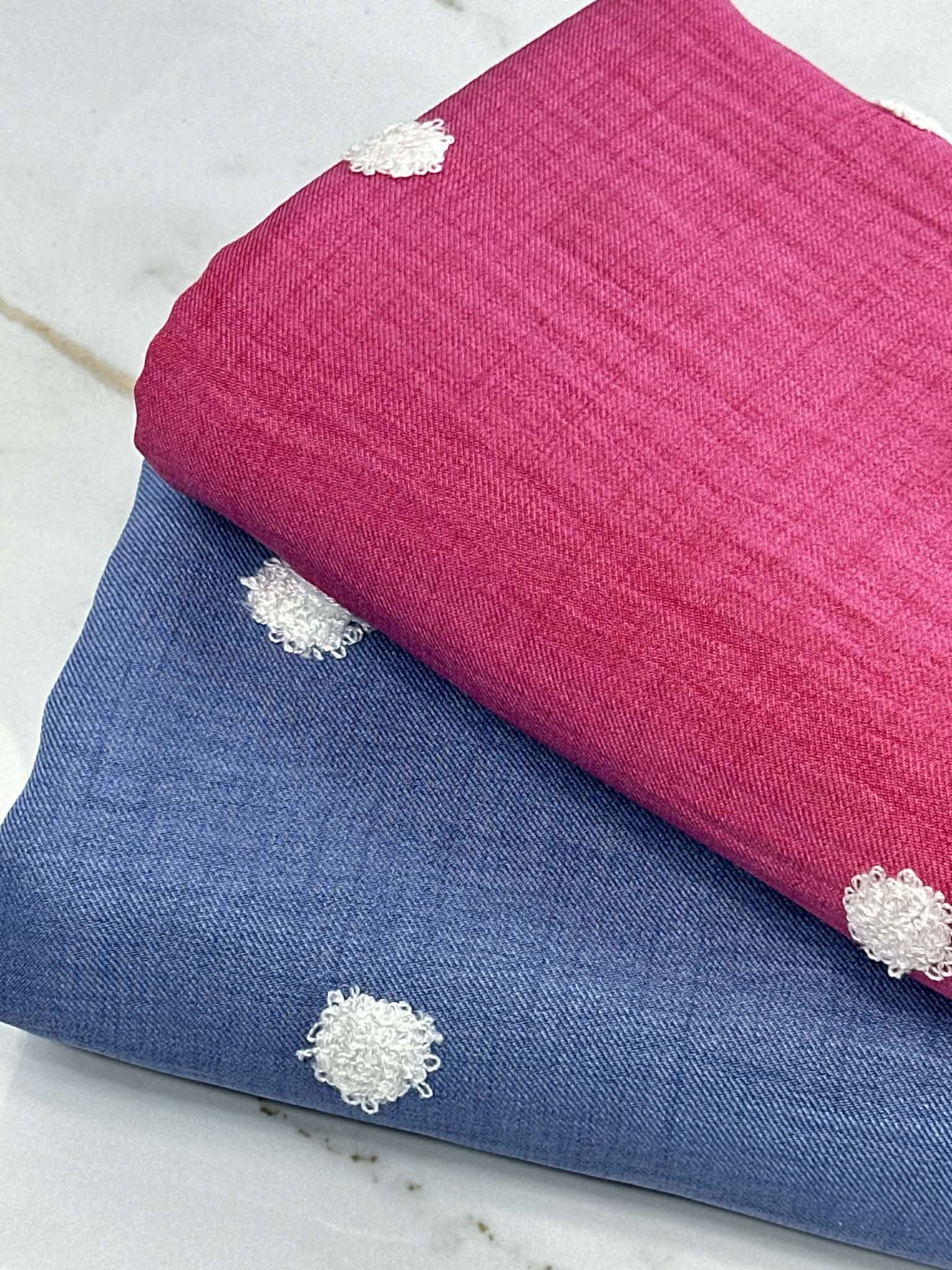 (WOVEN) 3D WHITE DOTS ON LIGHT INDIGO