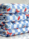 (2X2 YUMMY RIB) CHERRIES AND BLUEBERRIES WITH BOWS ON BLUE AND OFF WHITE CHECKERED