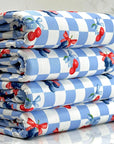(2X2 YUMMY RIB) CHERRIES AND BLUEBERRIES WITH BOWS ON BLUE AND OFF WHITE CHECKERED