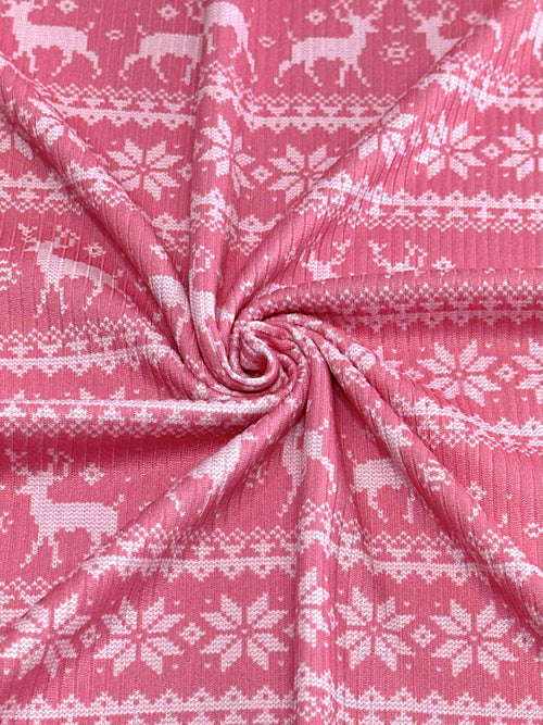 (4X2 RIB) OFF WHITE REINDEERS ON PINK