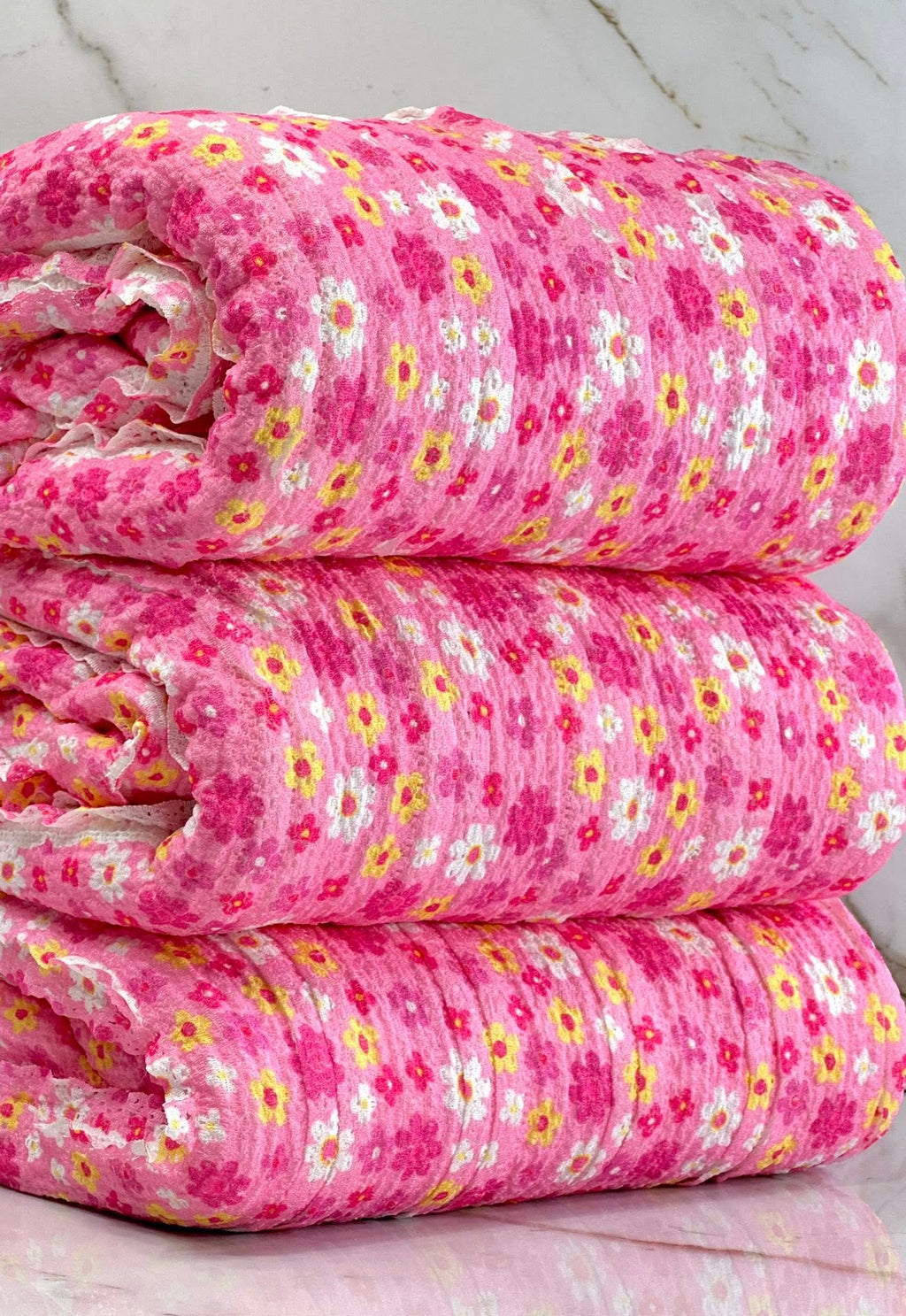 (RUFFLE LACE) YELLOW, PINK AND OFF WHITE TINY FLOWERS ON PINK